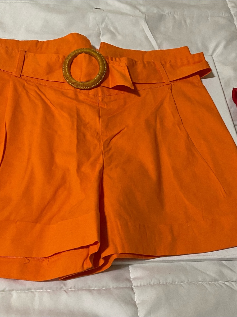 like an angel Bright Orange High-Waist Shorts with Round Buckle